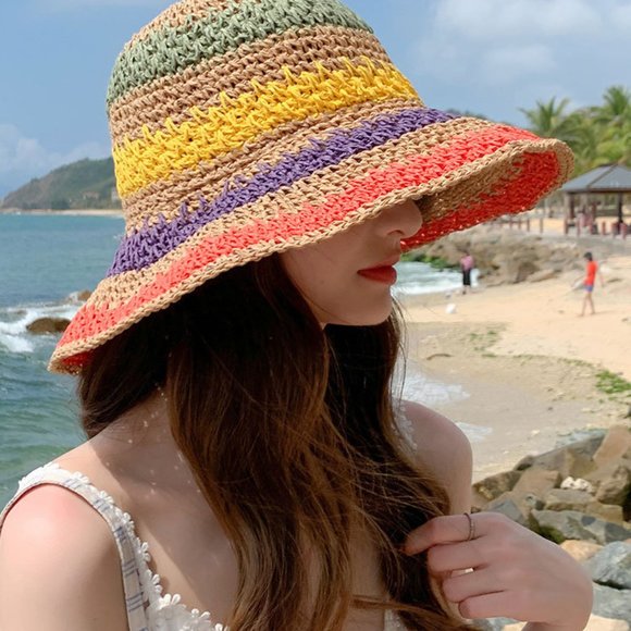 Foldable Bohemian Seaside Rainbow Color Straw Woven Sunhat - Picture 11 of 14